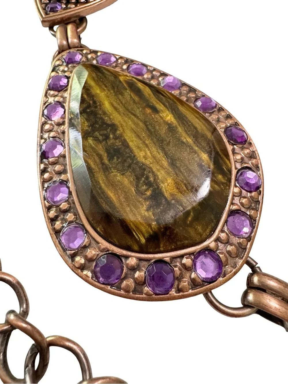 Chico’s Tiger Eye Purple Rhinestone Copper Tone Chain Belt